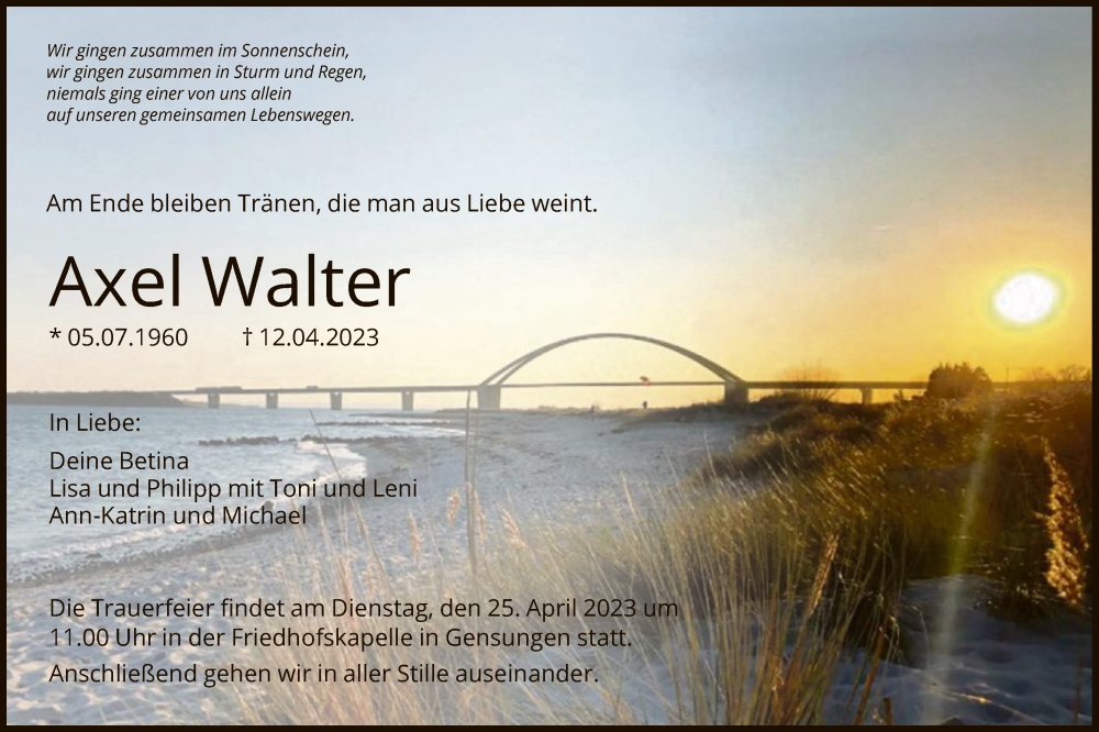  Traueranzeige für Axel Walter vom 22.04.2023 aus HNA