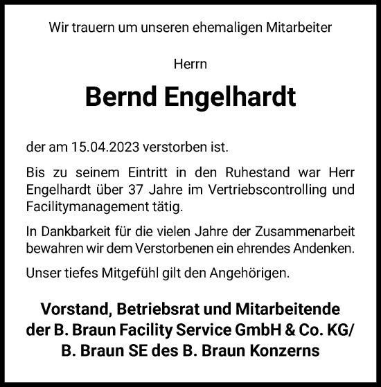 Traueranzeige von Bernd Engelhardt von HNA