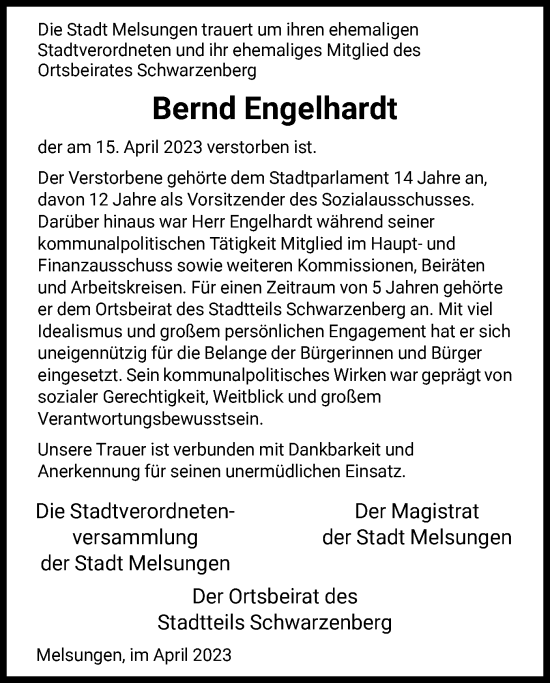 Traueranzeige von Bernd Engelhardt von HNA