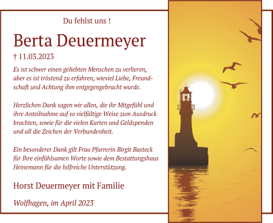 Traueranzeige von Berta Deuermeyer von HNA