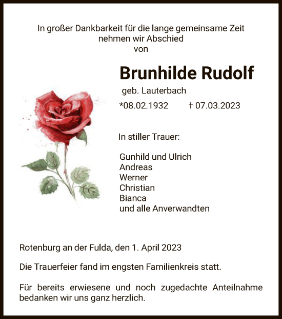 Traueranzeige von Brunhilde Rudolf von HNA