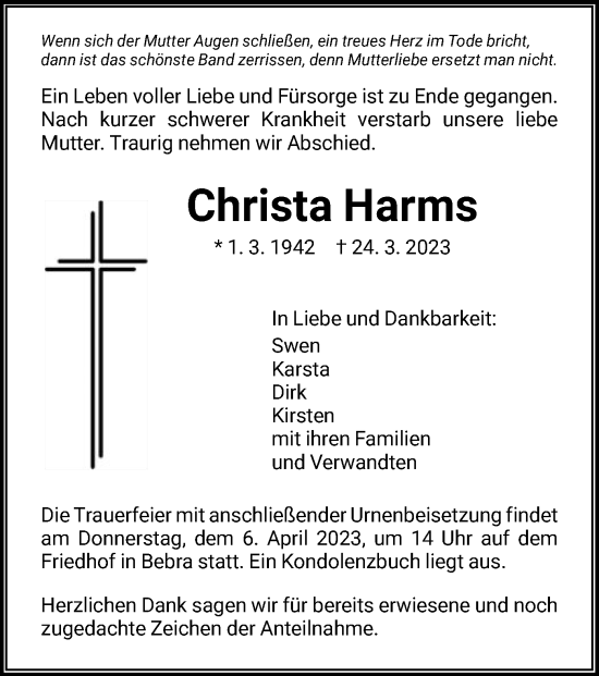 Traueranzeige von Christa Harms von HNA