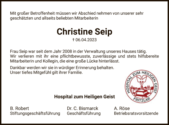 Traueranzeige von Christine Seip von HNA