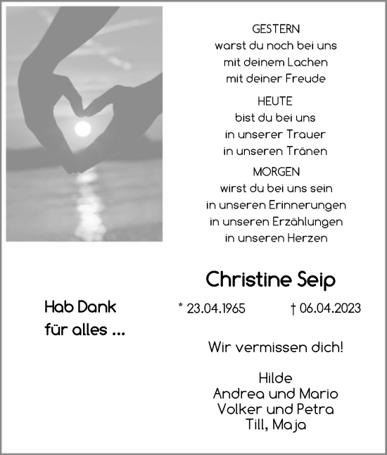 Traueranzeige von Christine Seip von HNA
