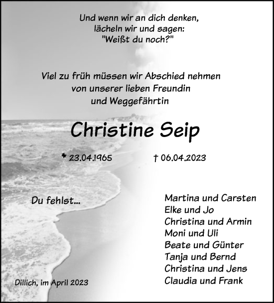 Traueranzeige von Christine Seip von HNA