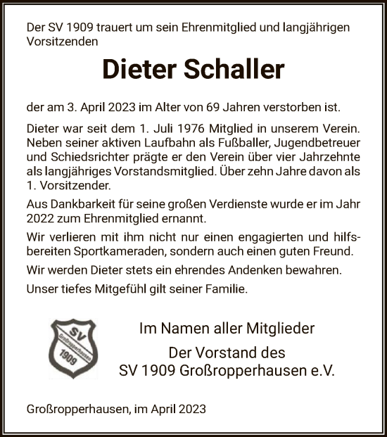 Traueranzeige von Dieter Schaller von HNA