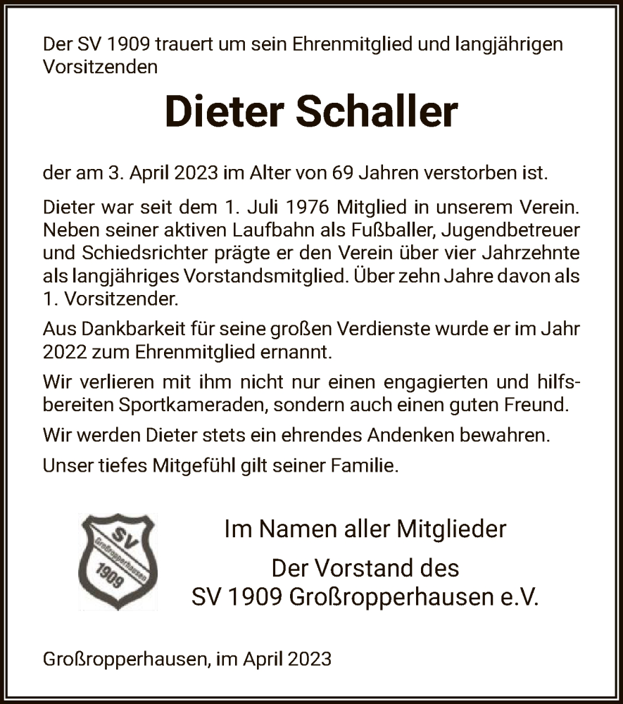  Traueranzeige für Dieter Schaller vom 14.04.2023 aus HNA