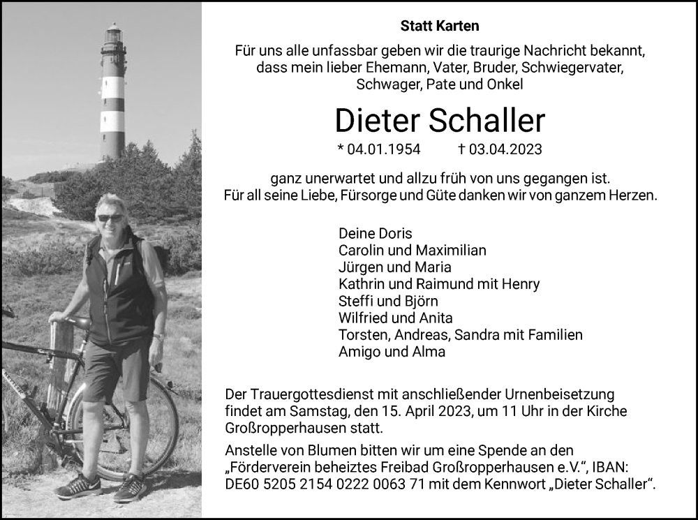  Traueranzeige für Dieter Schaller vom 08.04.2023 aus HNA