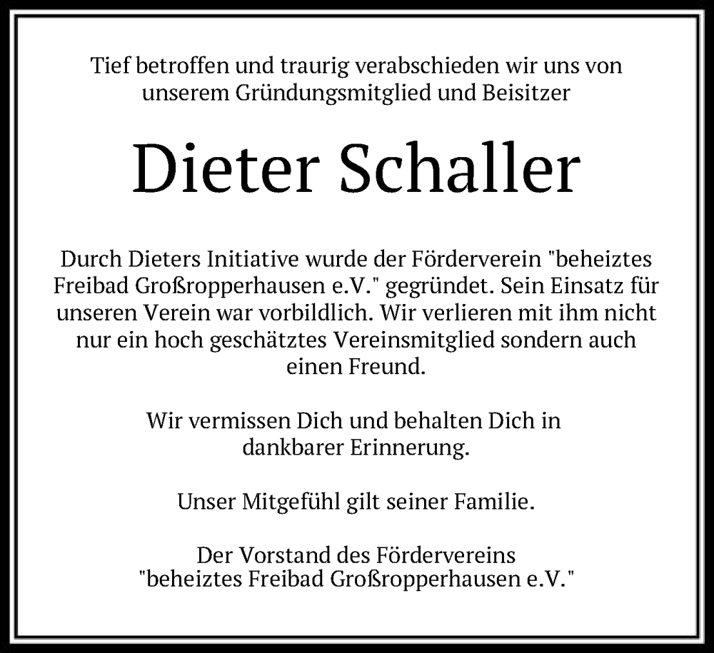  Traueranzeige für Dieter Schaller vom 14.04.2023 aus HNA