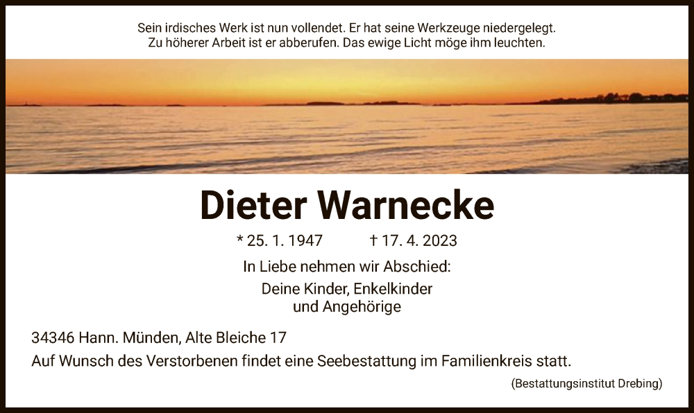  Traueranzeige für Dieter Warnecke vom 29.04.2023 aus HNA