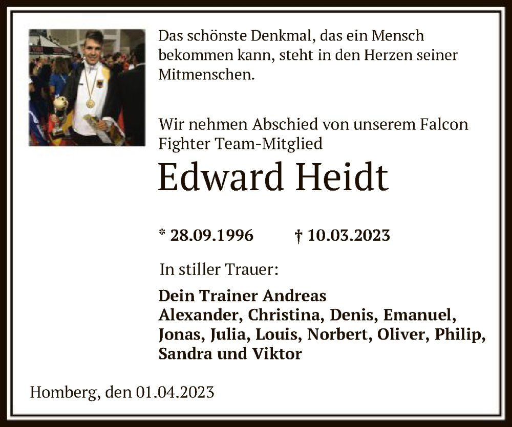  Traueranzeige für Edward Heidt vom 01.04.2023 aus HNA