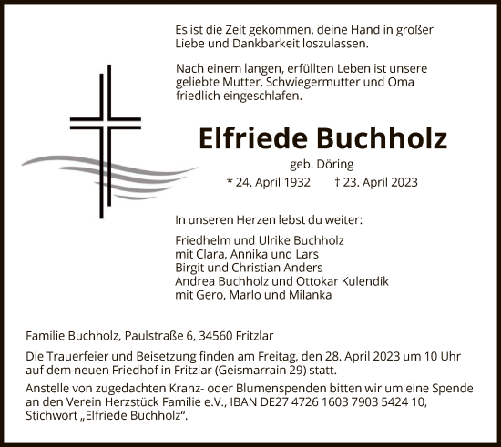 Traueranzeige von Elfriede Buchholz von HNA