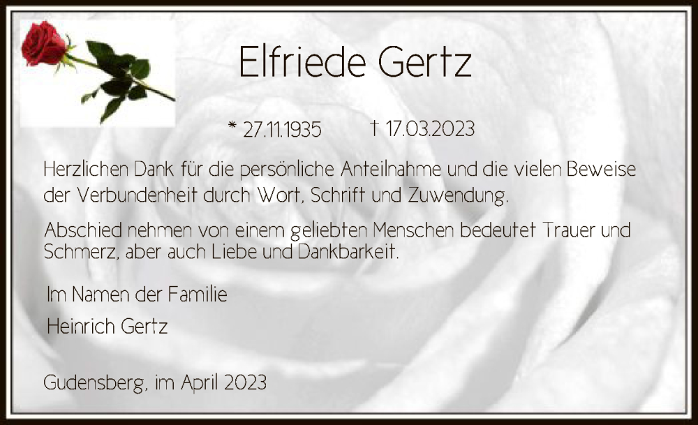  Traueranzeige für Elfriede Gertz vom 15.04.2023 aus HNA