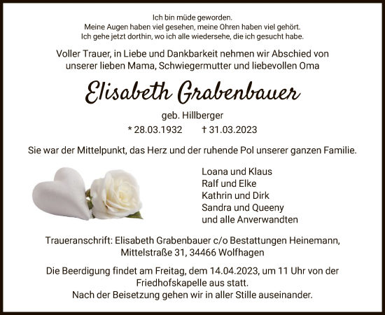 Traueranzeige von Elisabeth Grabenbauer von HNA