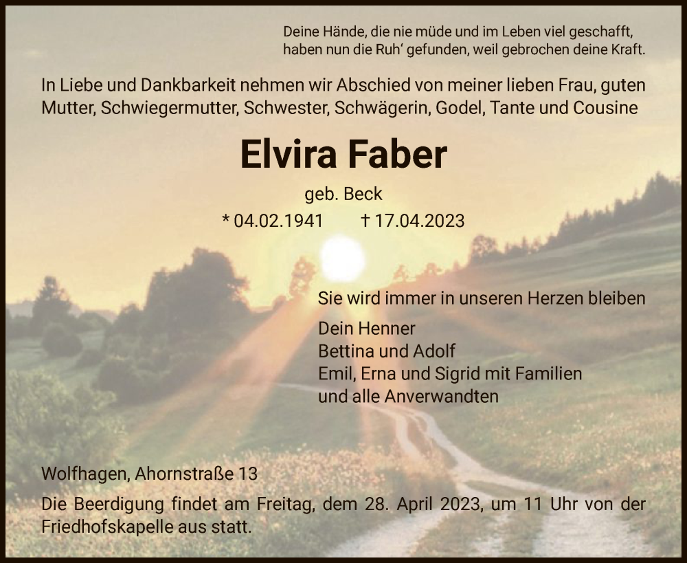  Traueranzeige für Elvira Faber vom 22.04.2023 aus HNA