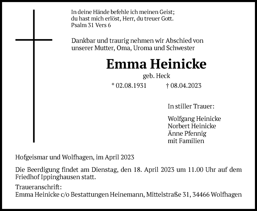  Traueranzeige für Emma Heinicke vom 15.04.2023 aus HNA