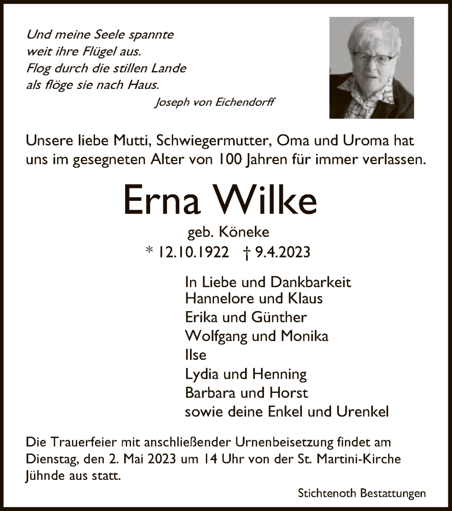  Traueranzeige für Erna Wilke vom 29.04.2023 aus HNA