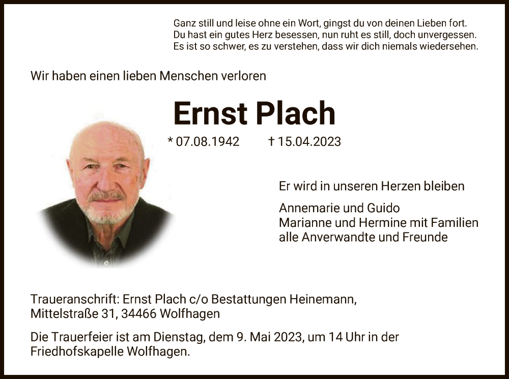  Traueranzeige für Ernst Plach vom 29.04.2023 aus HNA