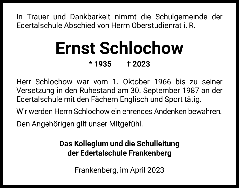  Traueranzeige für Ernst Schlochow vom 21.04.2023 aus HNA