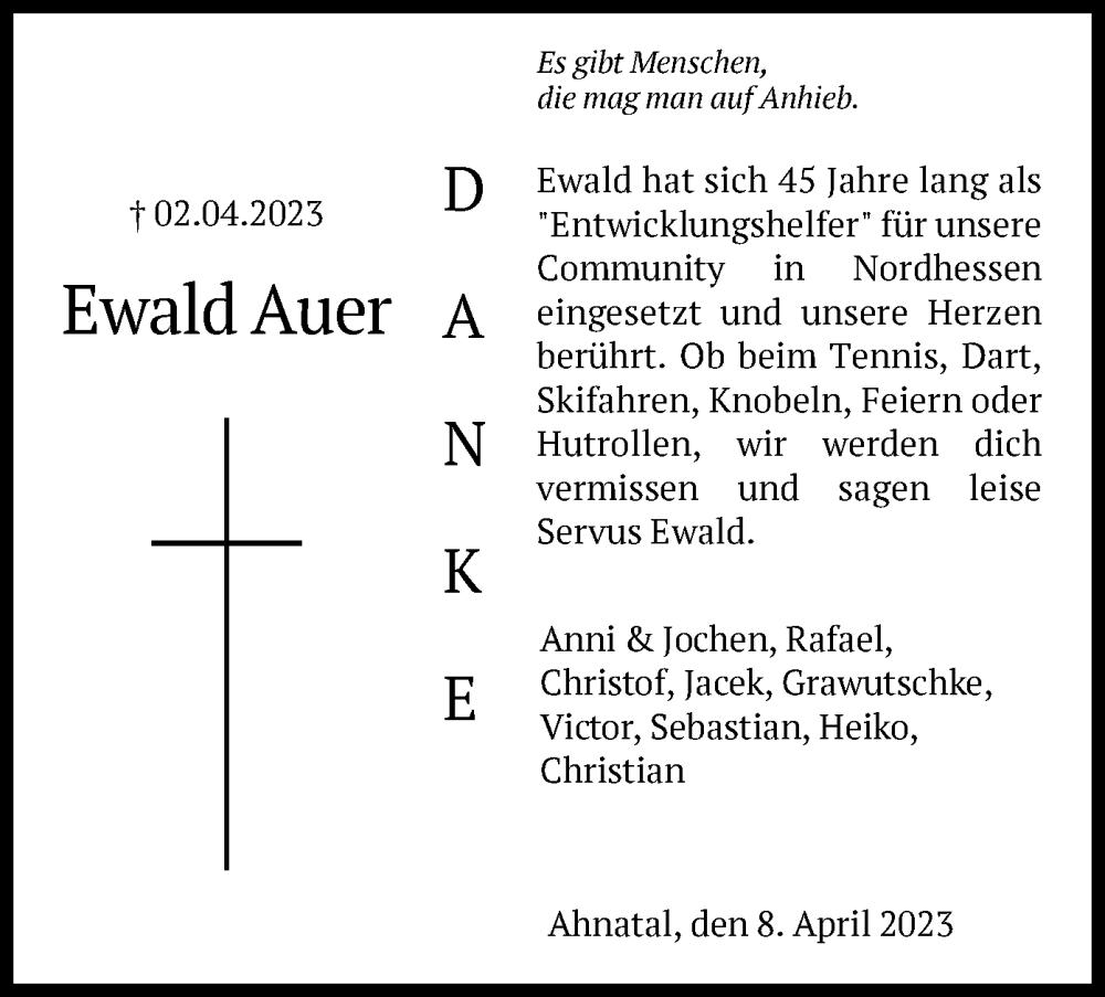 Traueranzeige für Ewald Auer vom 08.04.2023 aus HNA