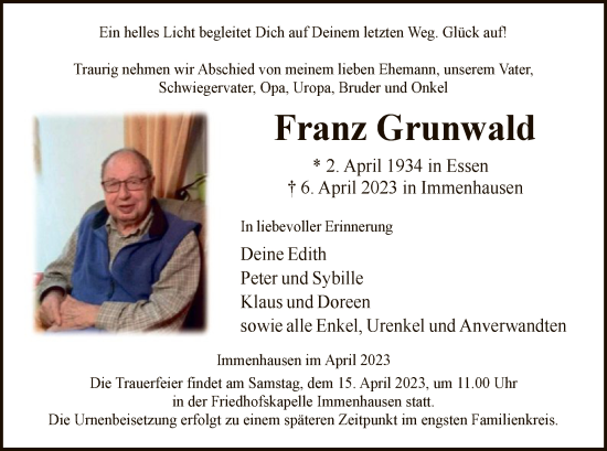 Traueranzeige von Franz Grunwald von HNA