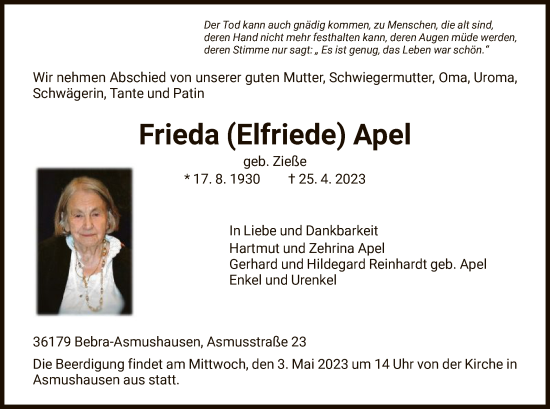 Traueranzeige von Frieda Apel von HNA