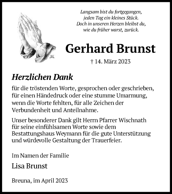 Traueranzeige von Gerhard Brunst von HNA