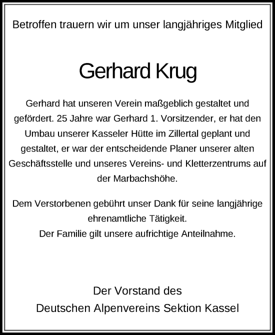 Traueranzeige von Gerhard Krug von HNA