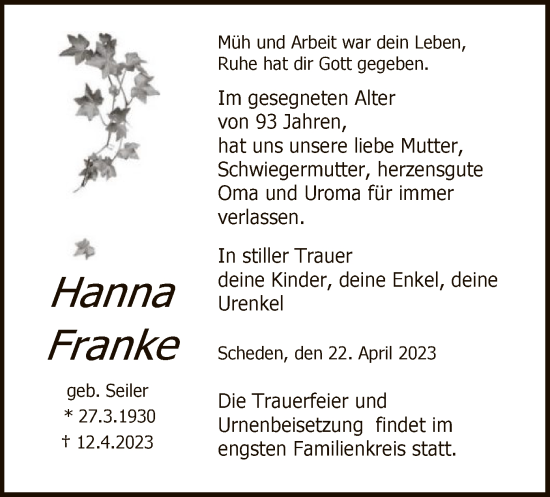 Traueranzeige von Hanna Franke von HNA