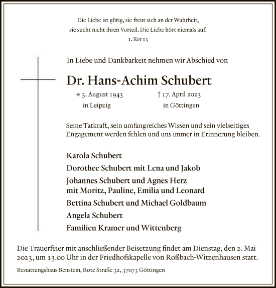Traueranzeige von Hans-Achim Schubert von HNA