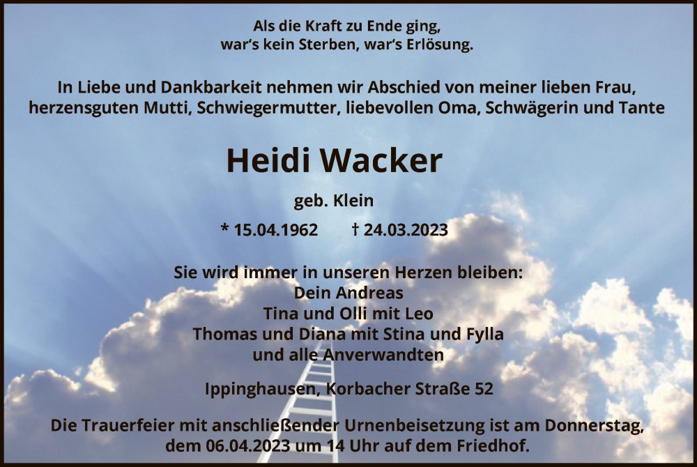  Traueranzeige für Heidi Wacker vom 01.04.2023 aus HNA