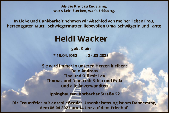 Traueranzeige von Heidi Wacker von HNA