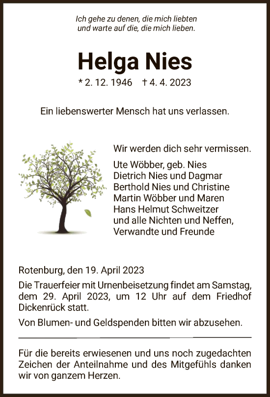 Traueranzeige von Helga Nies von HNA