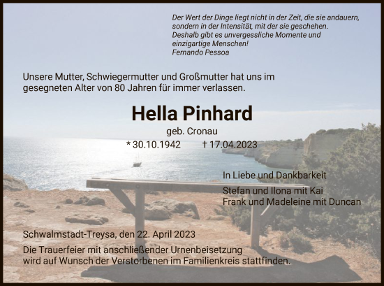 Traueranzeige von Hella Pinhard von HNA