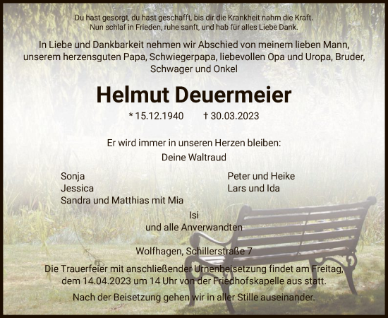 Traueranzeige von Helmut Deuermeier von HNA