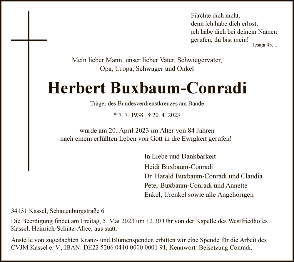  Traueranzeige für Herbert Buxbaum-Conradi vom 29.04.2023 aus HNA