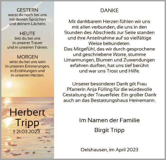 Traueranzeige von Herbert Tripp von HNA
