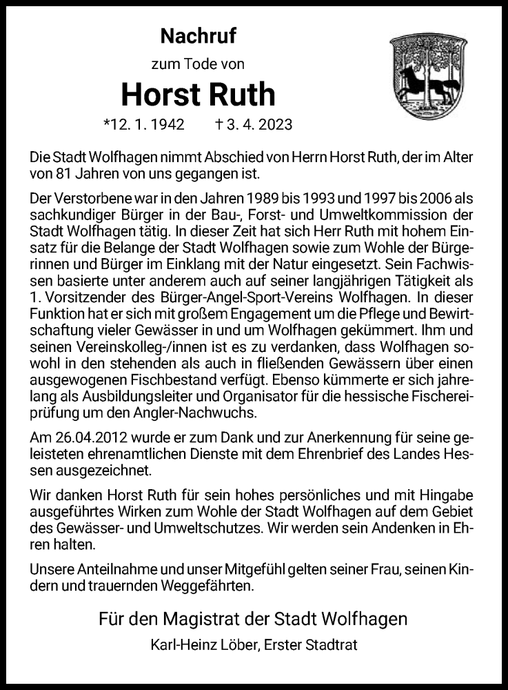  Traueranzeige für Horst Ruth vom 15.04.2023 aus HNA