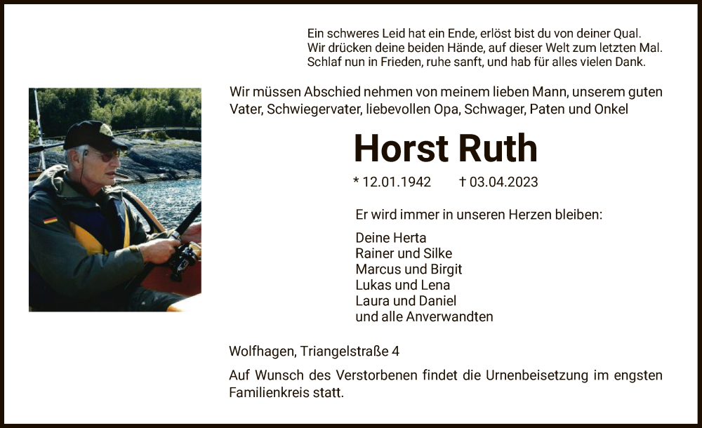  Traueranzeige für Horst Ruth vom 08.04.2023 aus HNA