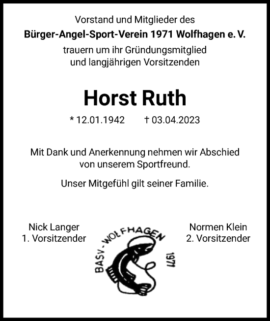 Traueranzeige von Horst Ruth von HNA