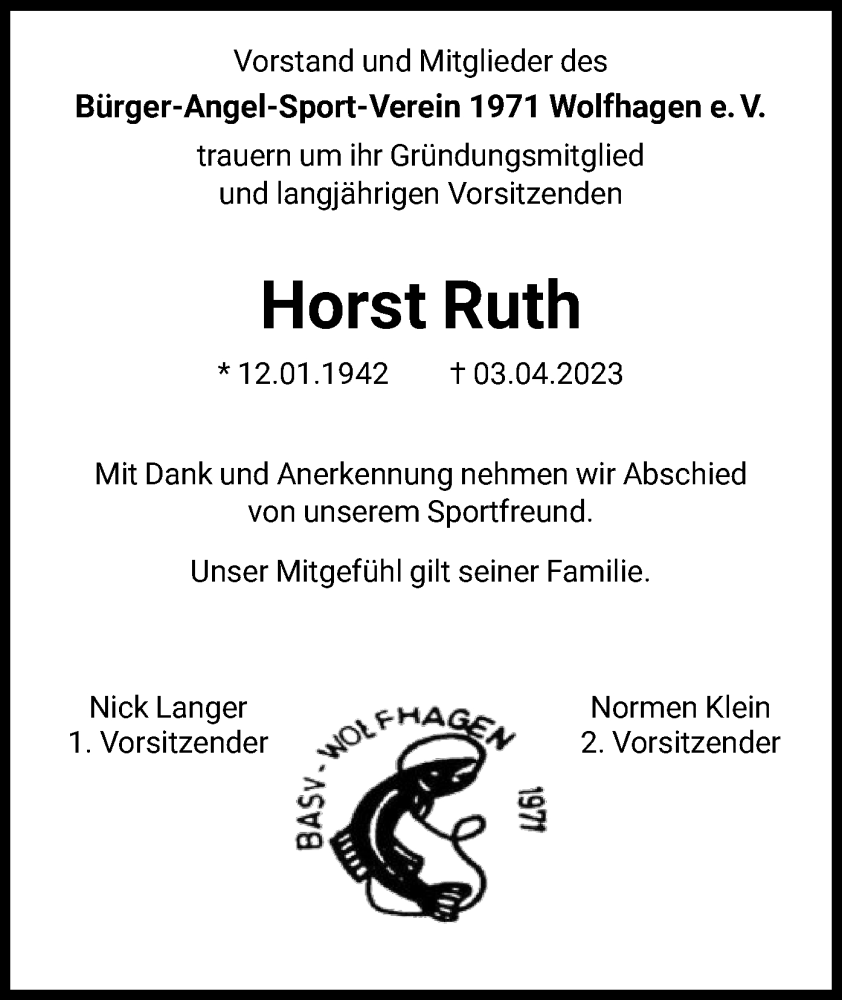  Traueranzeige für Horst Ruth vom 08.04.2023 aus HNA