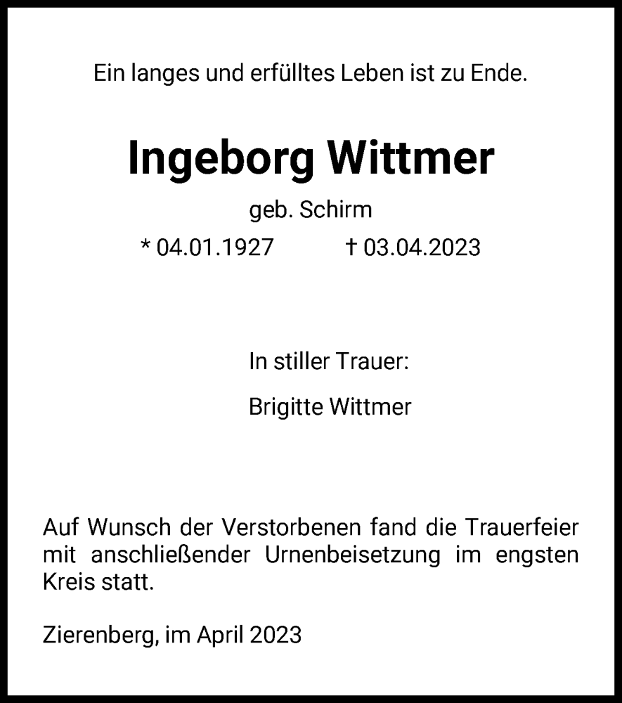  Traueranzeige für Ingeborg Wittmer vom 20.04.2023 aus HNA