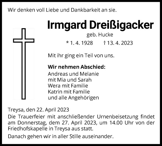 Traueranzeige von Irmgard Dreißigacker von HNA