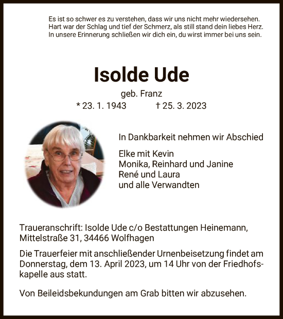 Traueranzeige von Isolde Ude von HNA