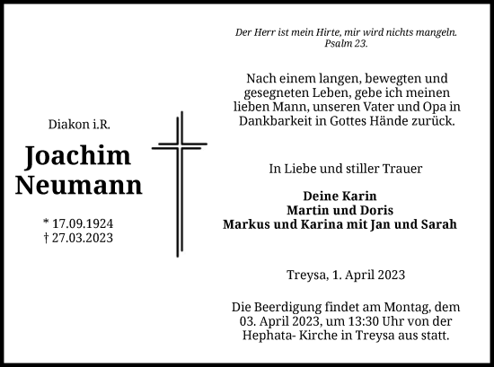 Traueranzeige von Joachim Neumann von HNA