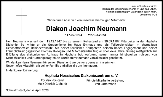 Traueranzeige von Joachim Neumann von HNA