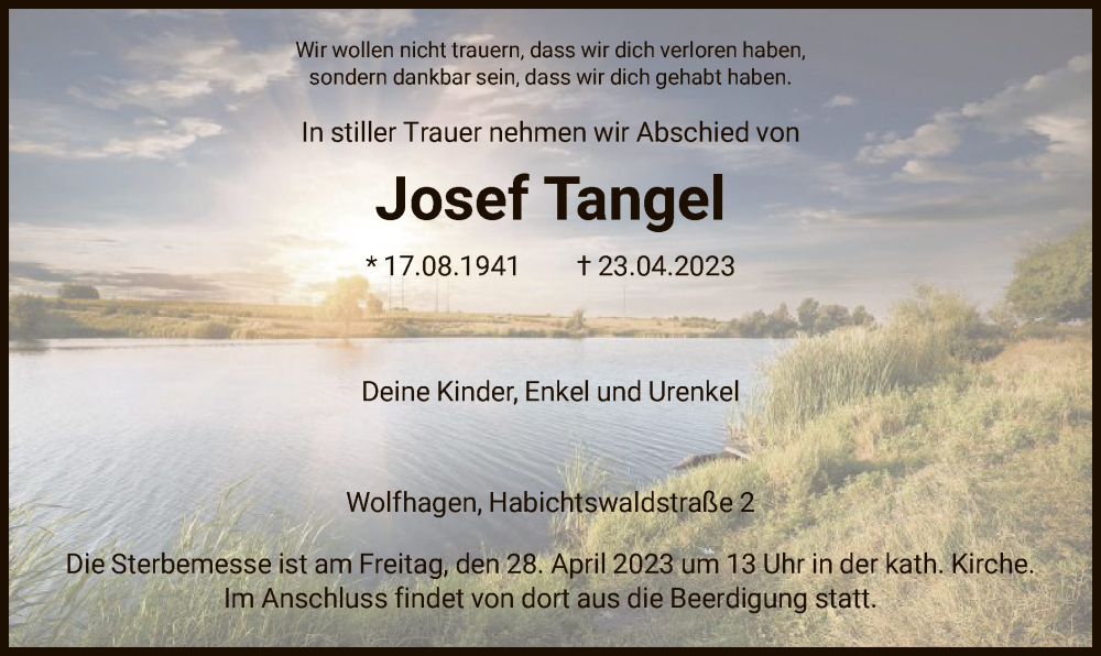  Traueranzeige für Josef Tangel vom 26.04.2023 aus HNA