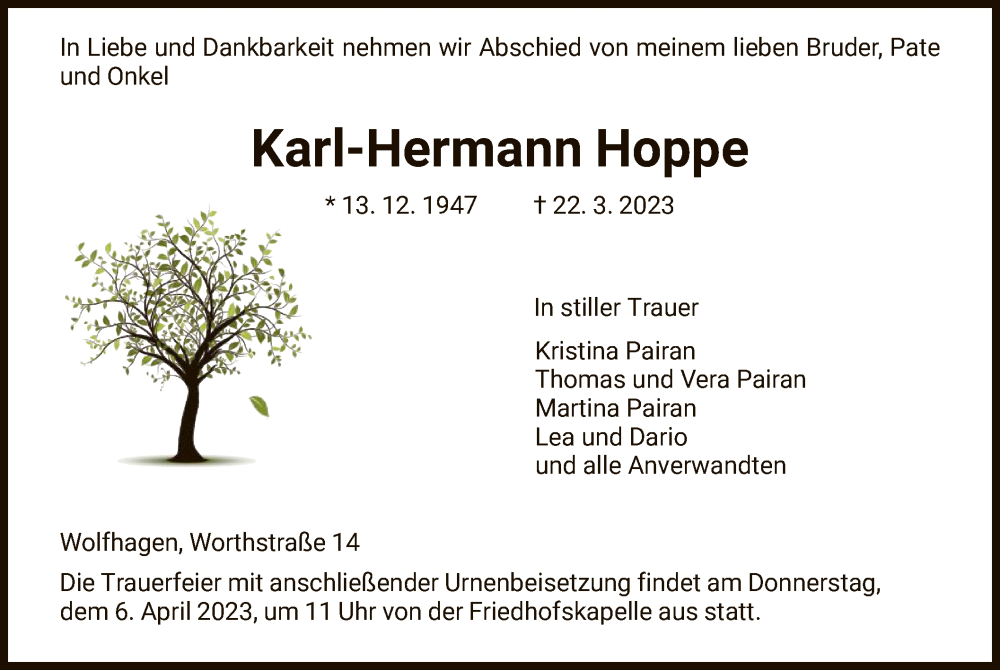  Traueranzeige für Karl-Hermann Hoppe vom 01.04.2023 aus HNA