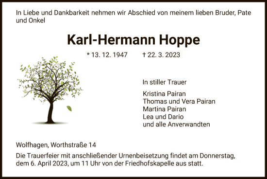 Traueranzeige von Karl-Hermann Hoppe von HNA