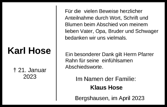 Traueranzeige von Karl Hose von HNA